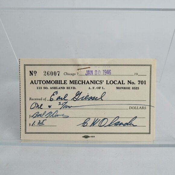 1945 1946 Automobile Mechanics' Local # 701 Receipts Lot of 3 - Picture 1 of 3